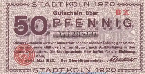 Notgeld Stadt Cöln - Köln , 50 Pfennig Schein in kfr. Tieste 3565.105.42 von 1920 , Rheinland Verkehrsausgabe
