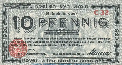 Notgeld Stadt Cöln - Köln , 10 Pfennig Schein in kfr. Tieste 3565.105.45 von 1920 , Rheinland Verkehrsausgabe