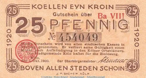 Notgeld Stadt Köln , 25 Pfennig Schein in kfr. Tieste 3565.105.46 von 1920 , Rheinland Verkehrsausgabe