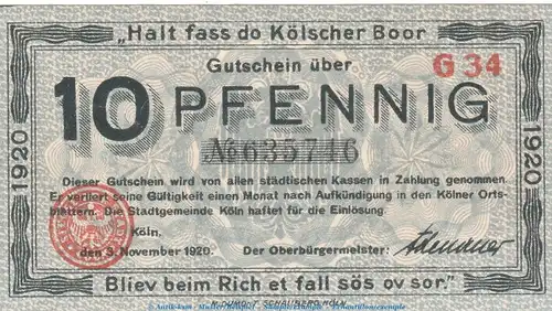 Notgeld Stadt Köln , 10 Pfennig Schein in kfr. Tieste 3565.105.50 von 1920 , Rheinland Verkehrsausgabe