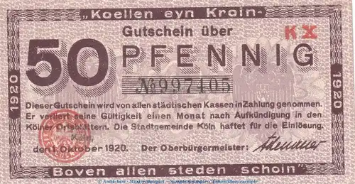 Notgeld Stadt Köln , 50 Pfennig Schein in kfr. Tieste 3565.105.47 von 1920 , Rheinland Verkehrsausgabe