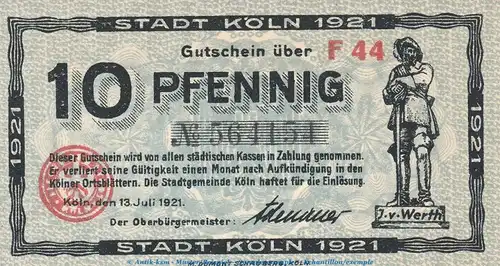 Notgeld Stadt Köln , 10 Pfennig Schein in kfr. Tieste 3565.105.85 von 1921 , Rheinland Verkehrsausgabe