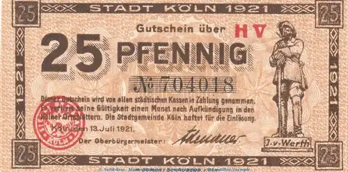 Notgeld Stadt Köln , 25 Pfennig Schein in kfr. Tieste 3565.105.86 von 1921 , Rheinland Verkehrsausgabe