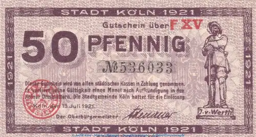 Notgeld Stadt Köln , 50 Pfennig Schein in kfr. Tieste 3565.105.87 von 1921 , Rheinland Verkehrsausgabe