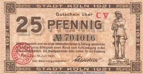 Notgeld Stadt Köln , 25 Pfennig Schein in kfr. Tieste 3565.105.71 von 1921 , Rheinland Verkehrsausgabe