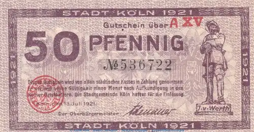 Notgeld Stadt Köln , 50 Pfennig Schein in kfr. Tieste 3565.105.72 von 1921 , Rheinland Verkehrsausgabe