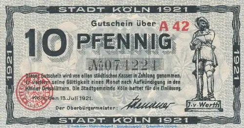 Notgeld Stadt Köln , 10 Pfennig Schein in kfr. Tieste 3565.105.80 von 1921 , Rheinland Verkehrsausgabe