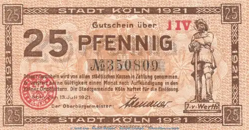 Notgeld Stadt Köln , 25 Pfennig Schein in kfr. Tieste 3565.105.81 von 1921 , Rheinland Verkehrsausgabe