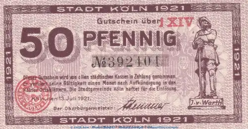 Notgeld Stadt Köln , 50 Pfennig Schein in kfr. Tieste 3565.105.82 von 1921 , Rheinland Verkehrsausgabe
