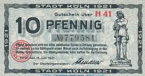 Notgeld Stadt Köln , 10 Pfennig Schein in kfr. Tieste 3565.105.65 von 1921 , Rheinland Verkehrsausgabe