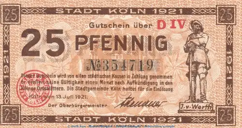 Notgeld Stadt Köln , 25 Pfennig Schein in kfr. Tieste 3565.105.66 von 1921 , Rheinland Verkehrsausgabe