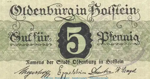 Notgeld Stadt Oldenburg , 5 Pfennig Schein in kfr. Tieste 5365.05.01 o.D. Schleswig Holstein Verkehrsausgabe