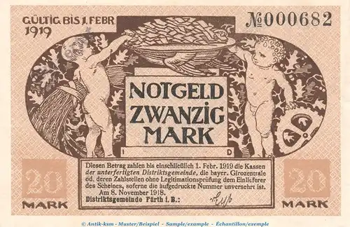 Notgeld Distriktgemeinde Fürth , 20 Mark Schein in kfr.E , Geiger 165.03 von 1918 , Bayern Grossnotgeld
