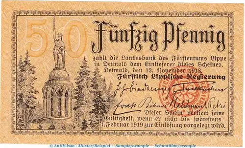 Notgeld Detmold Lippe , 50 Pfennig Schein in kfr. Tieste 1345.05.01 von 1918 , Westfalen Verkehrsausgabe