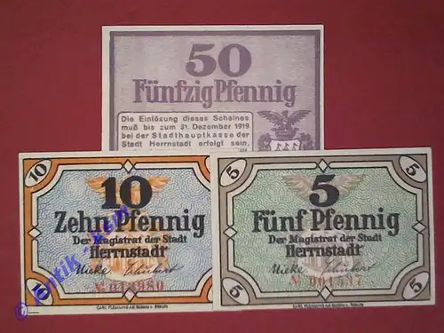 Herrnstadt Notgeld , Tieste 2970.05.01-3 , Set mit 3 Scheinen in kfr. o.D. Schlesien Verkehrsausgabe