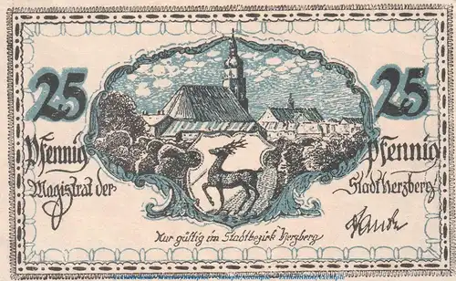 Notgeld Stadt Herzberg , 25 Pfennig Schein in kfr. Tieste 2985.10.02 o.D. Sachsen Verkehrsausgabe