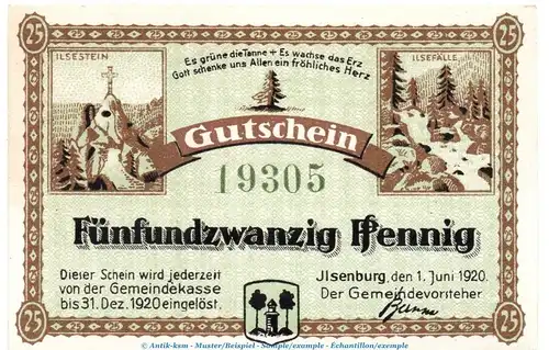 Notgeld Gemeinde Ilsenburg 3190.05.05 , 25 Pfennig Schein in kfr. von 1920 , Sachsen Anhalt Verkehrsausgabe