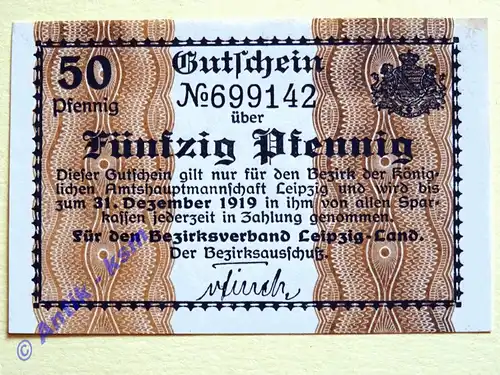 Notgeld Leipzig , Sachsen , - königlich - Einzelschein über 50 Pfennig , Verkehrsausgabe , Tieste 3990.06
