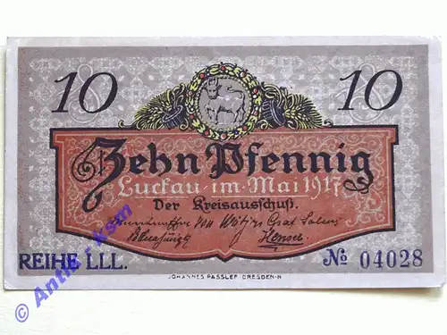 Luckau , Notgeld 10 Pfennig Schein in unc-kfr. Ti.4225.05.35 , Brandenburg 1917 Verkehrsausgabe