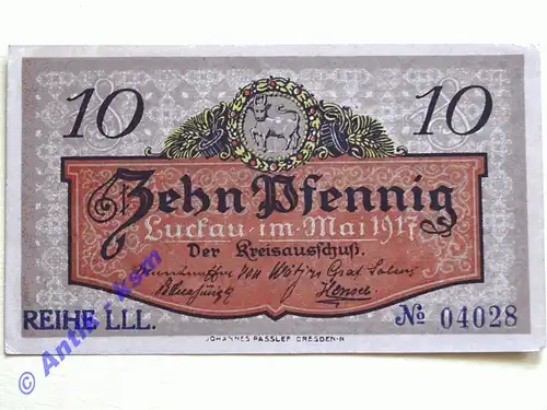 Notgeld Luckau , Brandenburg , Einzelschein über 10 Pfennig , Tieste 4225.35 , von 1917 , Verkehrsausgabe