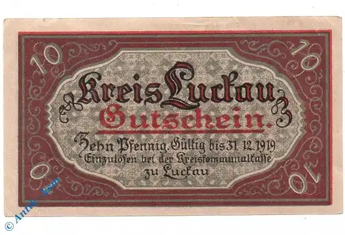 Notgeld Luckau , 10 Pfennig Schein - 31.12.1919 , Tieste 4225.05.20 , von 1917 , Brandenburg Verkehrsausgabe