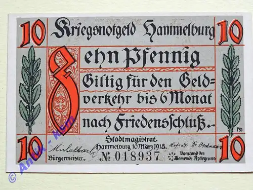 Notgeld Hammelburg , Bayern , Einzelschein über 10 Pfennig , Tieste 2785.10.3 , von 1918 , Verkehrsausgabe
