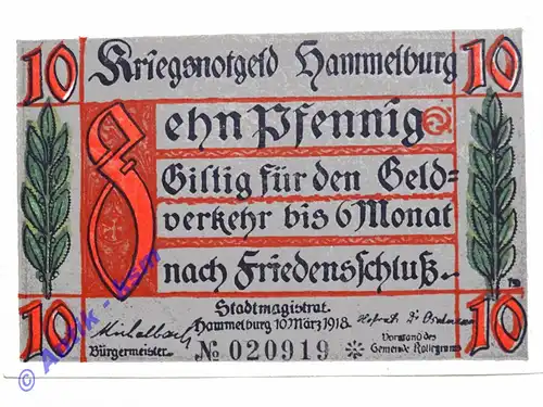 Notgeld Hammelburg , Bayern , Einzelschein über 10 Pfennig , Tieste 2785.05 , von 1918 , Verkehrsausgabe