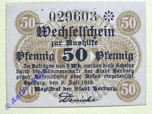 Harburg , Notgeld 50 Pfennig Schein in kfr. Tieste 2805.05.02 , NDS von 1919