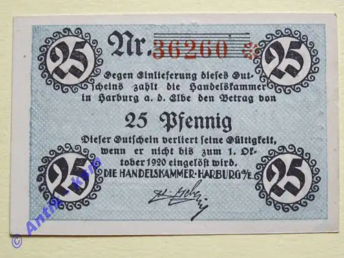 Notgeld Harburg , Niedersachsen Hamburg , Einzelschein über 25 Pfennig , Tieste 2805.01 , von 1920 , Verkehrsausgabe