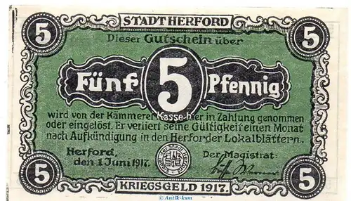 Notgeld Stadt Herford 2945.05.15 , 5 Pfennig Schein in kfr. von 1917 , Westfalen Verkehrsausgabe