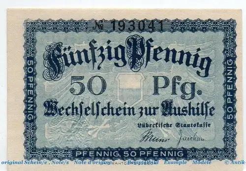 Lübeck , Notgeld 50 Pfennig Schein in kfr. Tieste 4250.20.01 , Schleswig Holstein 1917 Verkehrsausgabe