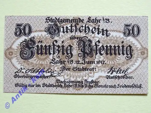Notgeld Lahr , Baden , Einzelschein über 50 Pfennig , Tieste 3810.10 , von 1917 , Verkehrsausgabe