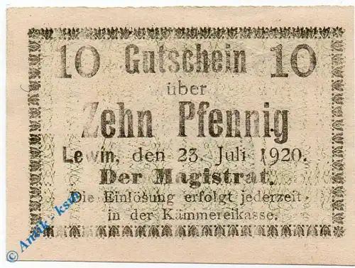 Notgeld Lewin , 10 Pfennig Schein , Tieste 4030.10.10 - 25 , von 1920 , Schlesien Verkehrsausgabe