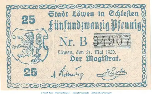 Notgeld Stadt Löwen , 25 Pfennig Schein in kfr. Tieste 4200.05.16 von 1920 , Schlesien Verkehrsausgabe