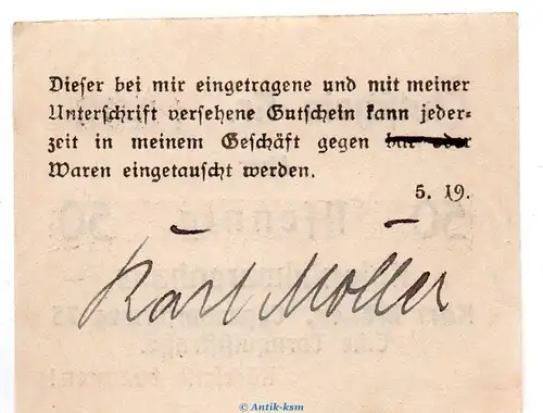 Notgeld Karl Möller Hamburg , 50 Pfennig Schein in kfr. Tieste 2765.315.01  von 1919 , Hamburg Verkehrsausgabe