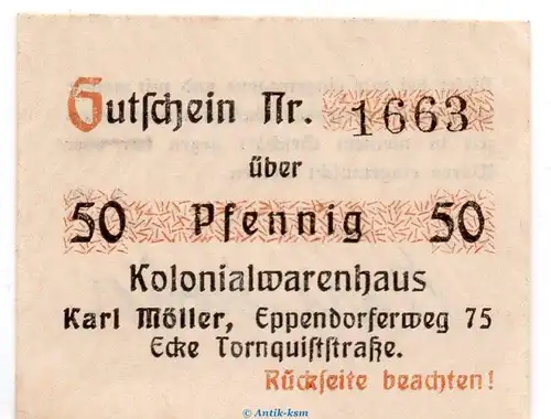 Notgeld Karl Möller Hamburg , 50 Pfennig Schein in kfr. Tieste 2765.315.01  von 1919 , Hamburg Verkehrsausgabe