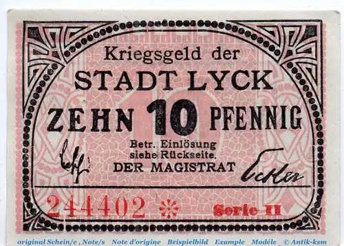 Notgeld Stadt Lyck 4320.05.15 , 10 Pfennig Schein in kfr. o.D. , Ostpreussen Verkehrsausgabe