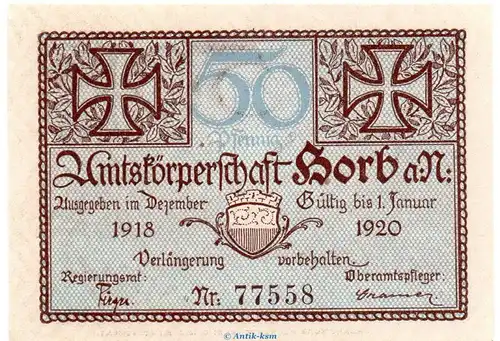 Notgeld Amtskörperschaft Horb 3140.05.01 , 50 Pfennig Schein in kfr. von 1918 , Württemberg Verkehrsausgabe