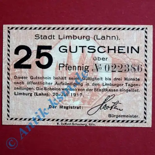 Notgeld Limburg , Einzelschein über 25 Pfennig , Tieste 4100.02 , von 1917 , Hessen Verkehrsausgabe