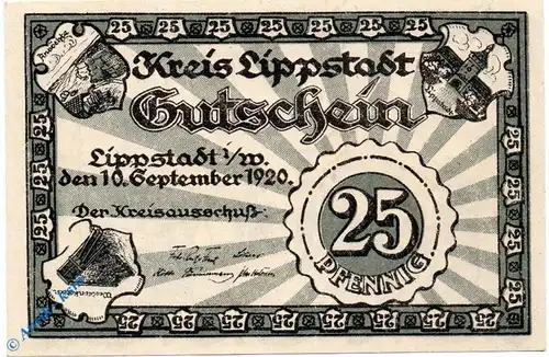 Notgeld Lippstadt , 25 Pfennig Schein , Tieste 4150.05.05 , von 1920 , Westfalen Verkehrsausgabe