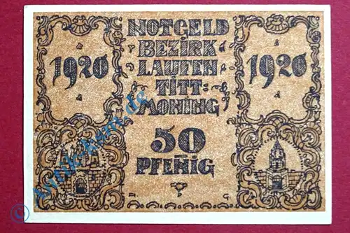 Notgeld Laufen , Schein über 50 Pfennig , Tieste 3925.30 , von 1920 , Bayern Verkehrsausgabe