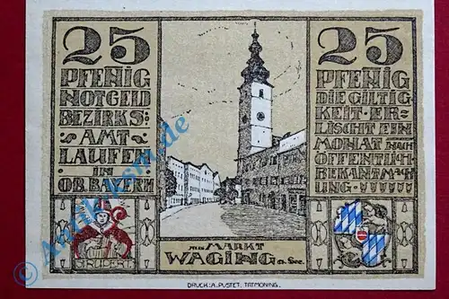 Notgeld Laufen , Schein über 25 Pfennig , Tieste 3925.20.1 , von 1920 , Bayern Verkehrsausgabe