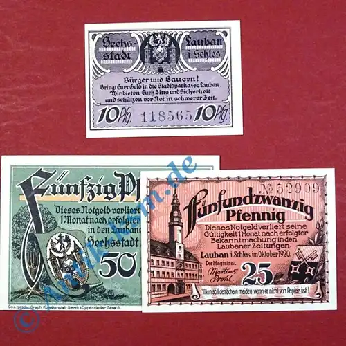 Lauban , Notgeld Set mit 3 Scheinen in kfr. Tieste 3895.05.01-03 , Schlesien 1920 Verkehrsausgabe