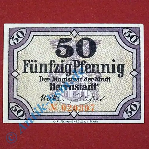 Notgeld Herrnstadt , Schein über 50 Pfennig , Tieste 2970.03 , Schlesien Verkehrsausgabe