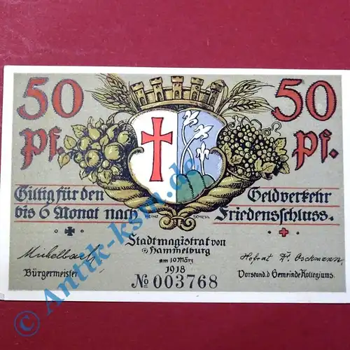 Notgeld Hammelburg , Schein über 50 Pfennig , Tieste 2785.11 , von 1918 , Bayern Verkehrsausgabe