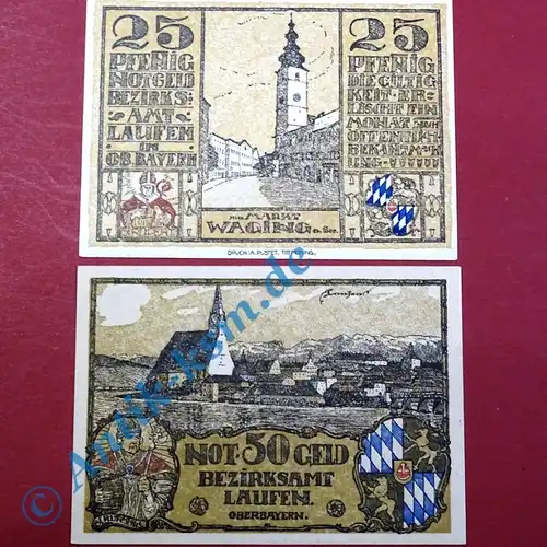 Notgeld Laufen , Satz mit 2 Scheinen , Tieste 3925.20 und 50 , Bayern Verkehrsausgabe