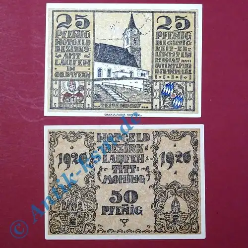 Notgeld Laufen , Satz mit 2 Scheinen , Tieste 3925.20 und 30 , von 1920 , Bayern Verkehrsausgabe