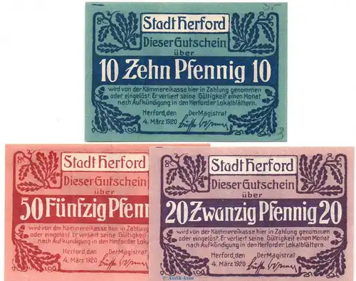 Notgeld Stadt Herford , Set mit 3 Scheinen in kfr. Tieste 2945.05.30-32 von 1920 , Westfalen Verkehrsausgabe