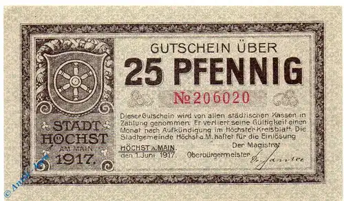 Notgeld Höchst , 25 Pfennig Schein kfr , Wellenbündel 1 Us , Tieste 3050.10.05 , von 1917 , Hessen Verkehrsausgabe
