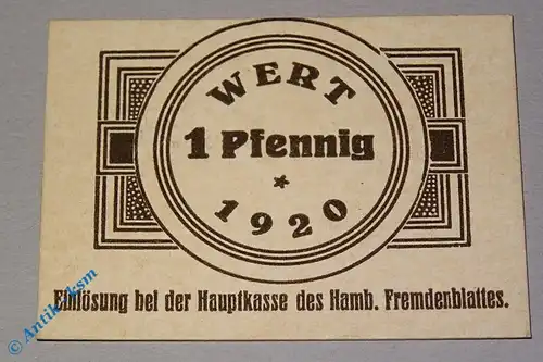 Notgeld Hamburg , Fremdenblatt , 1 Pfennig Schein , Tieste 2765.150.01 , Hamburg Verkehrsausgabe